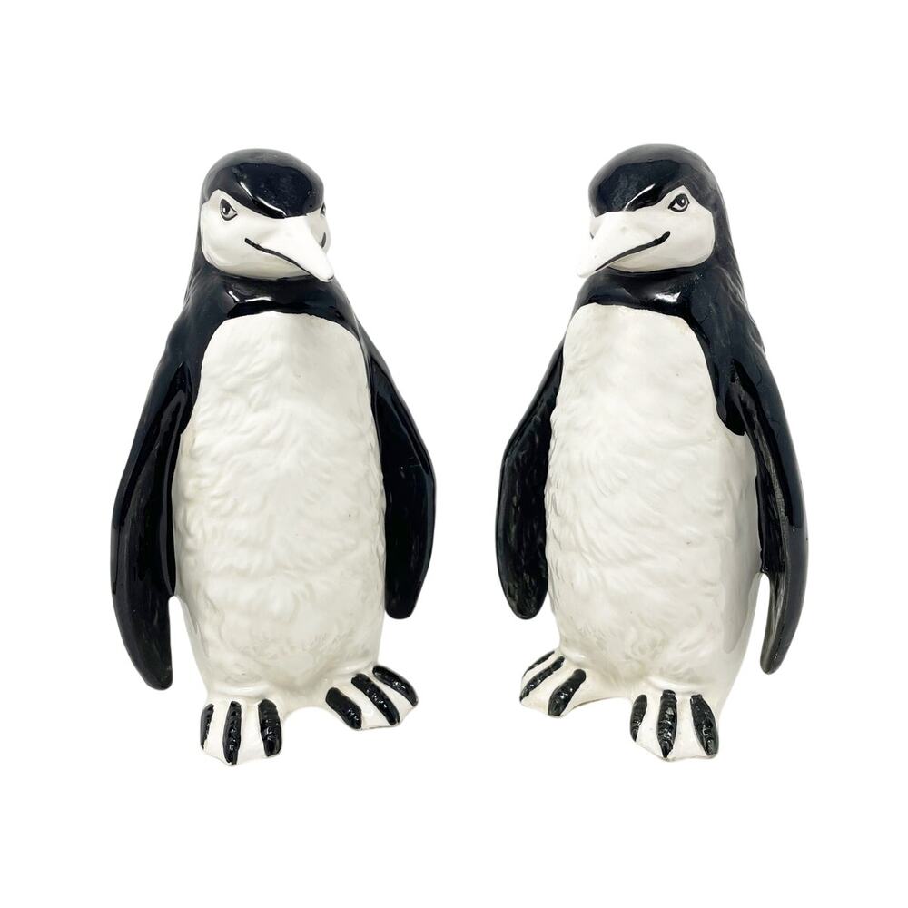 Vintage MANN Japan Weighted Penguin Ceramic Figurines Pair 6.75" Black‎ White